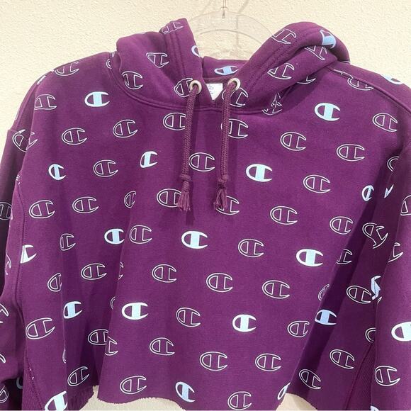 Champion Reverse Weave Purple Blue Logo Cropped Cutoff Hoodie Sweatshirt Large - Picture 2 of 11